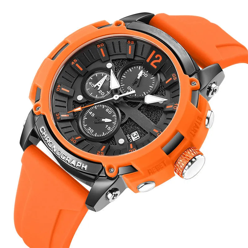 Men's large 51mm luminous waterproof wristwatch showing date display on a coloured band.