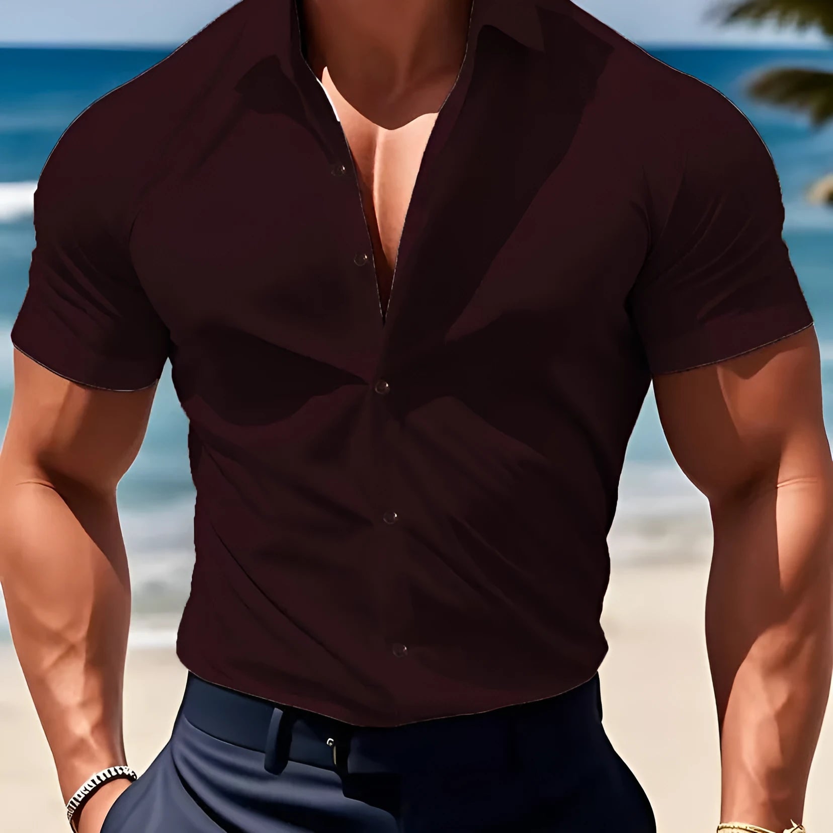 Men's casual short sleeve printed shirt cardigan in polyester, shown in brown colour.