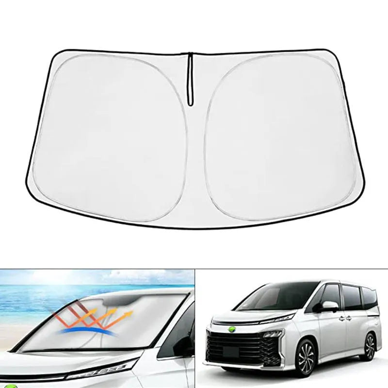 Silver car windshield sunshade designed for Toyota Noah XOVY 90 series.