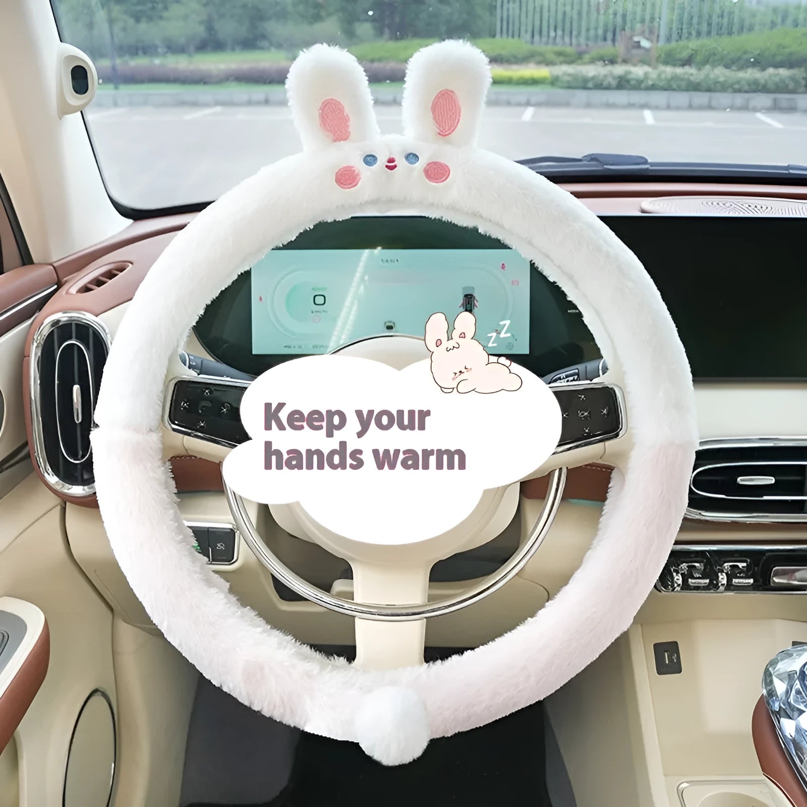 Plush steering wheel cover with animal embroidery in 38cm diameter for winter use