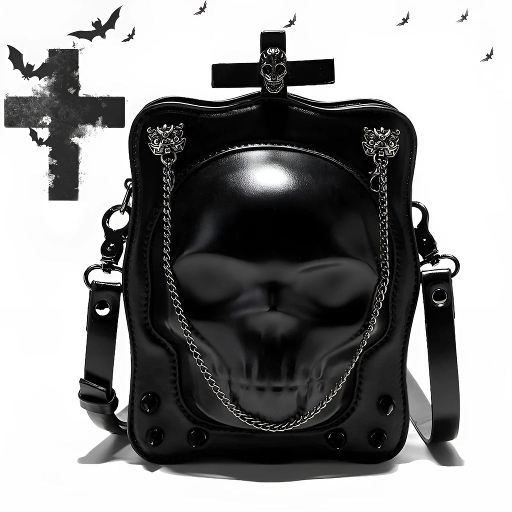 Black Halloween skull mini square messenger crossbody bag with stitching, rivets, chains, and embossing details