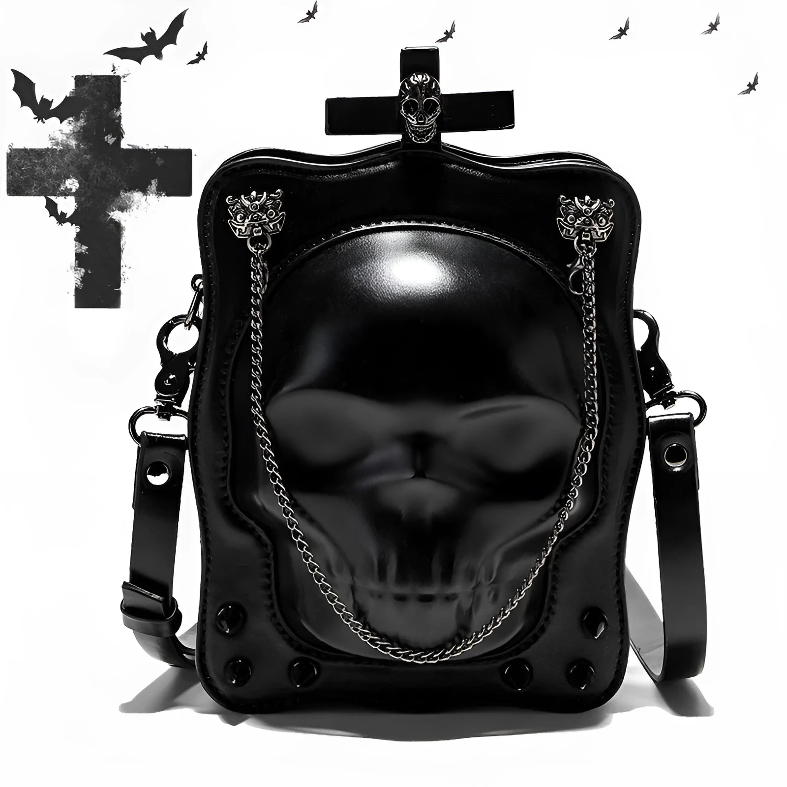 Black Halloween skull mini square messenger crossbody bag with stitching, rivets, chains, and embossing details