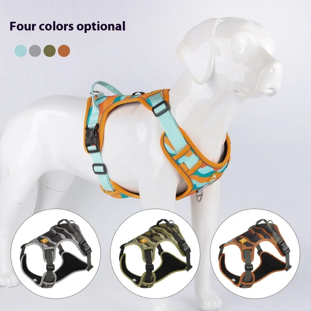 Reflective orange dog harness and leash set on a dog, showing chest and back straps and hand-holding rope.