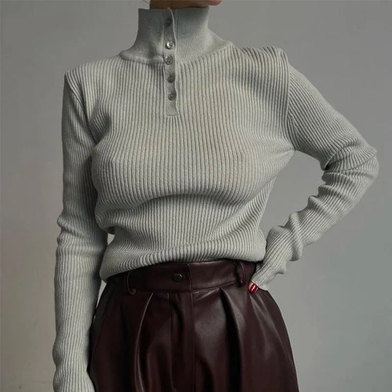 Silver gray and rice apricot retro half turtleneck pullover sweater with single-breasted placket and slim fit