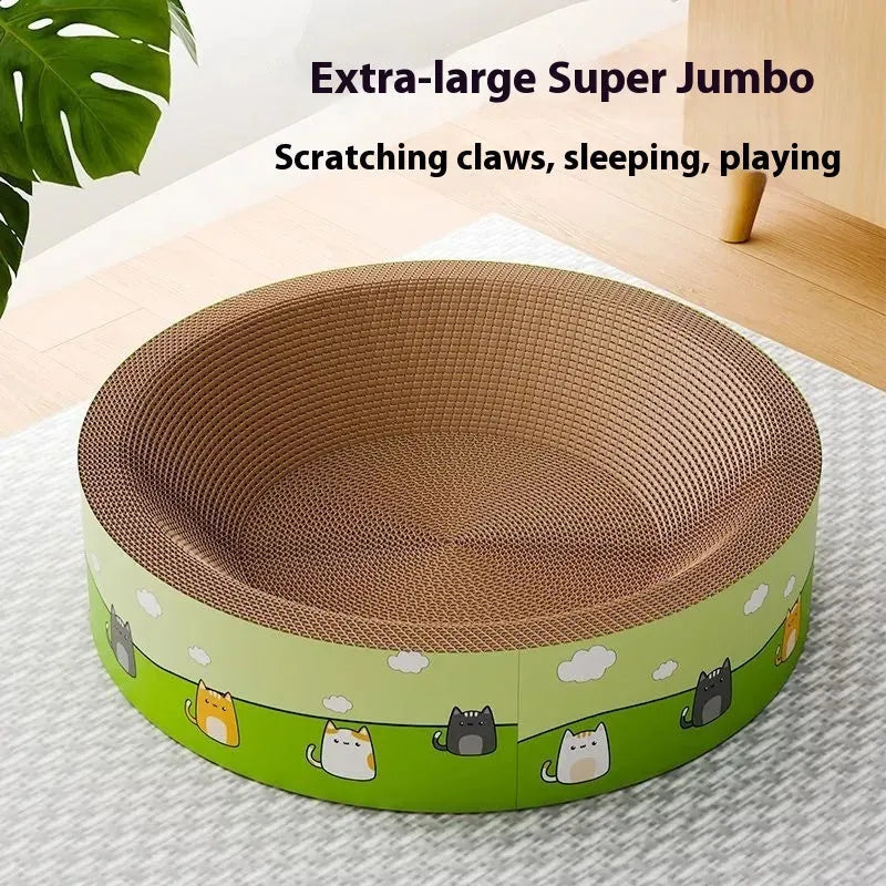 Large round corrugated paper cat scratching board with deep pits in cute style