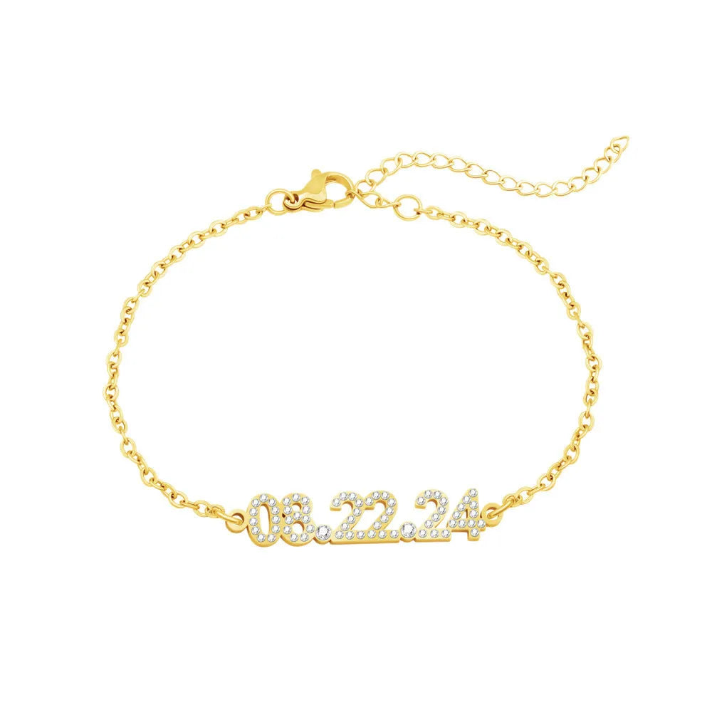 Stainless steel digital bracelet with diamond-set numbers, shown in gold, rose gold, and steel colour options.