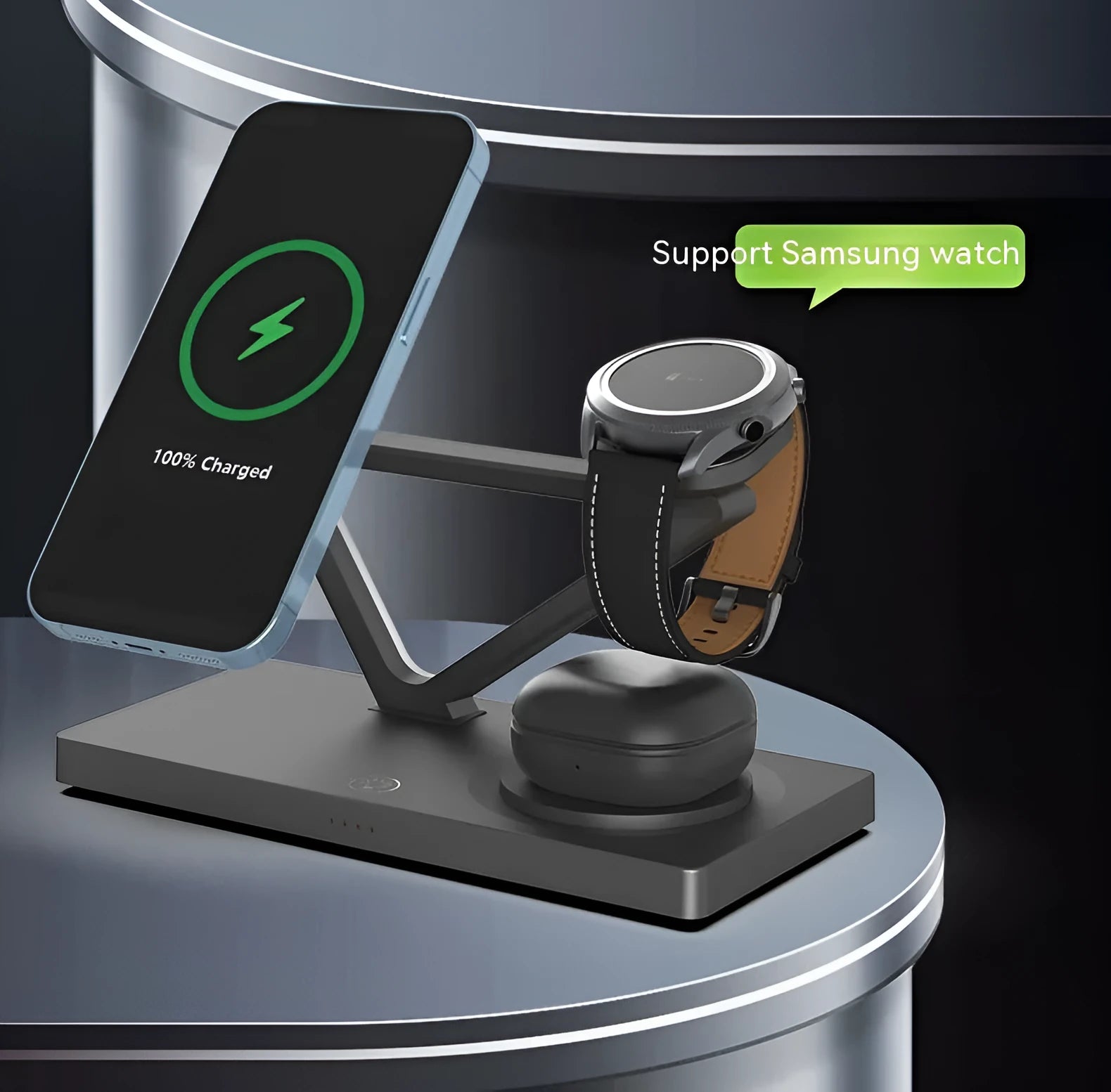 White five-in-one wireless charging night lamp showing magnetic phone bracket, circular charging base, watch pad, and background illumination