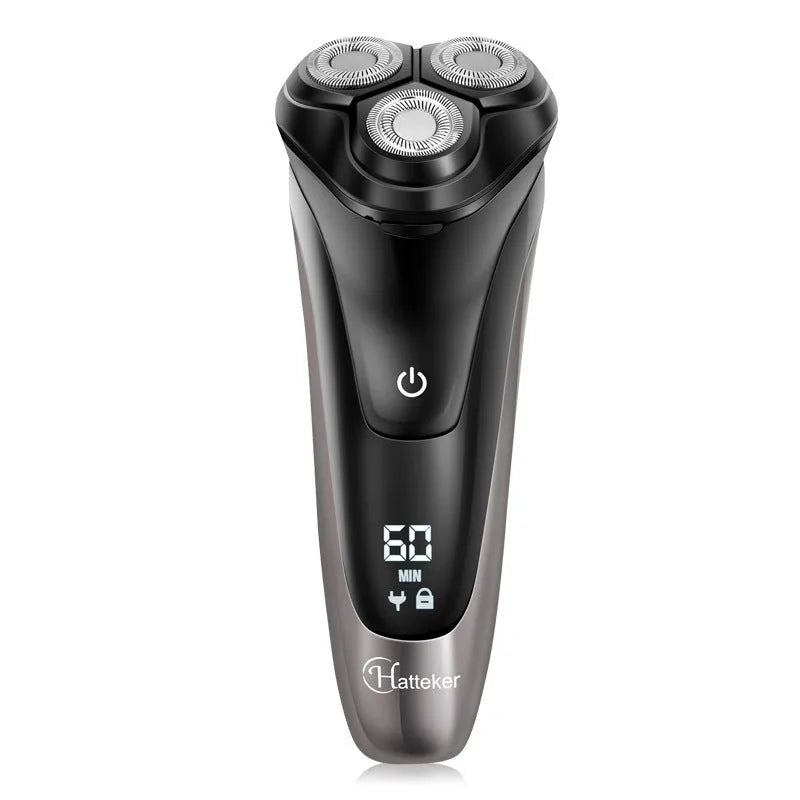 Men's electric shaver and grooming kit with three rotating heads, pop-up trimmer, USB cable, and cleaning brush.