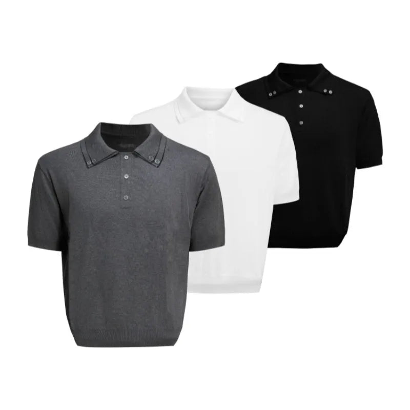 Men's loose-fit short-sleeve polyester shirt with a double lapel collar in solid colour.