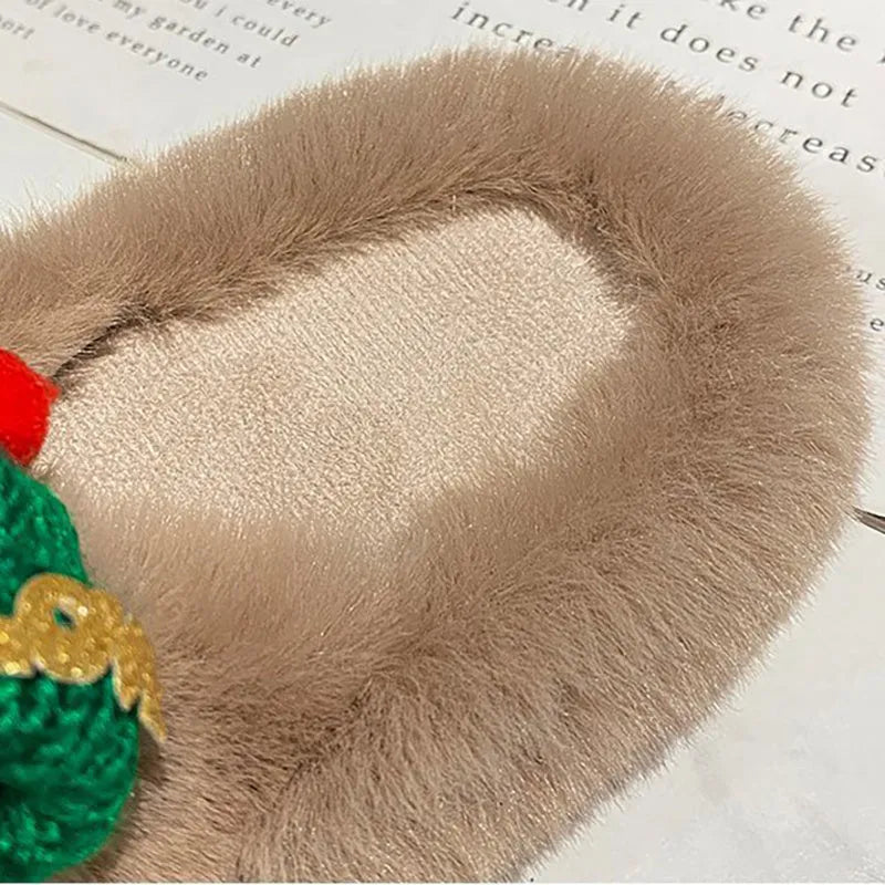 Women's Christmas hat slippers in faux plush with rubber sole, shown in black, khaki, and white.