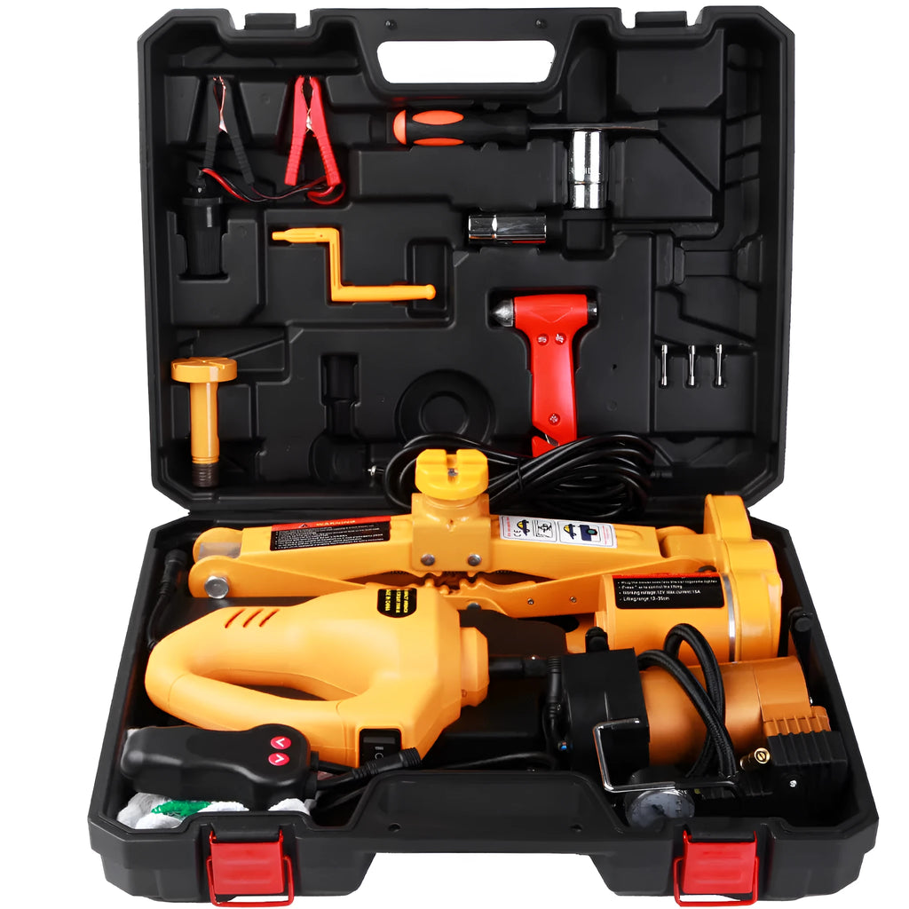 Yellow electric car jack set with wrench in carrying case for roadside tyre changes
