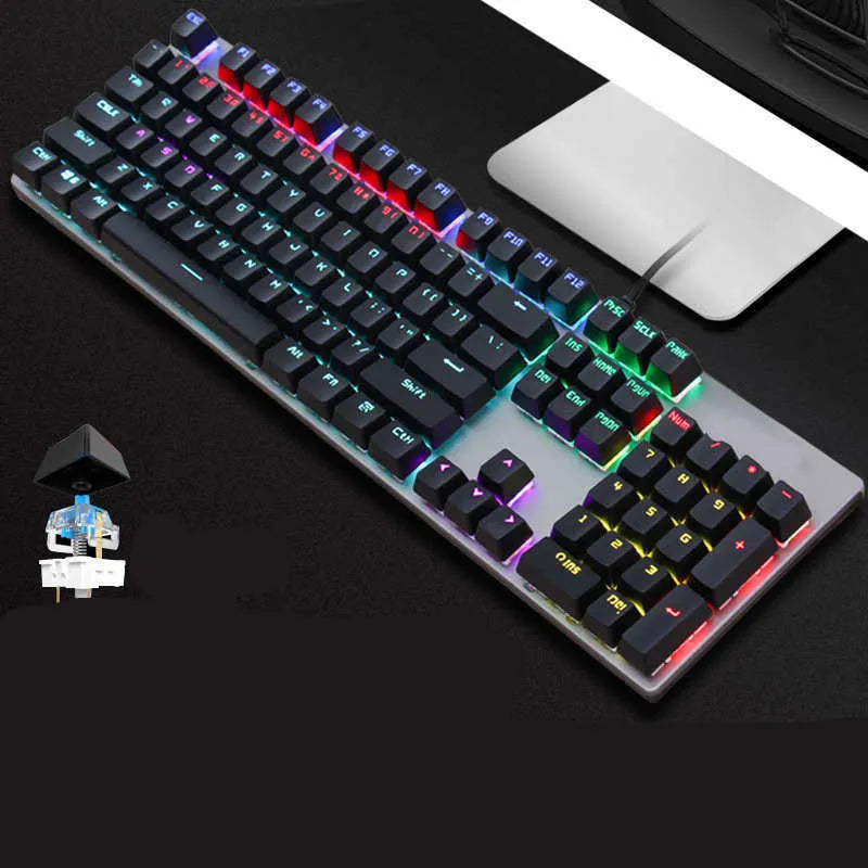 GK410 mechanical keyboard with green switches and metal construction showing full 104-key layout