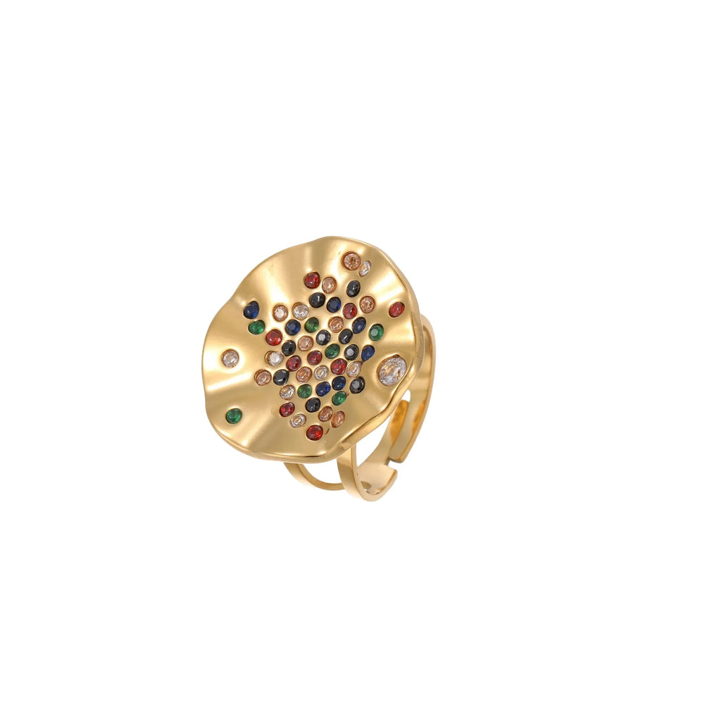 Adjustable open-mouth stainless steel ring with pleated geometric pattern and inlaid coloured crystal accents.