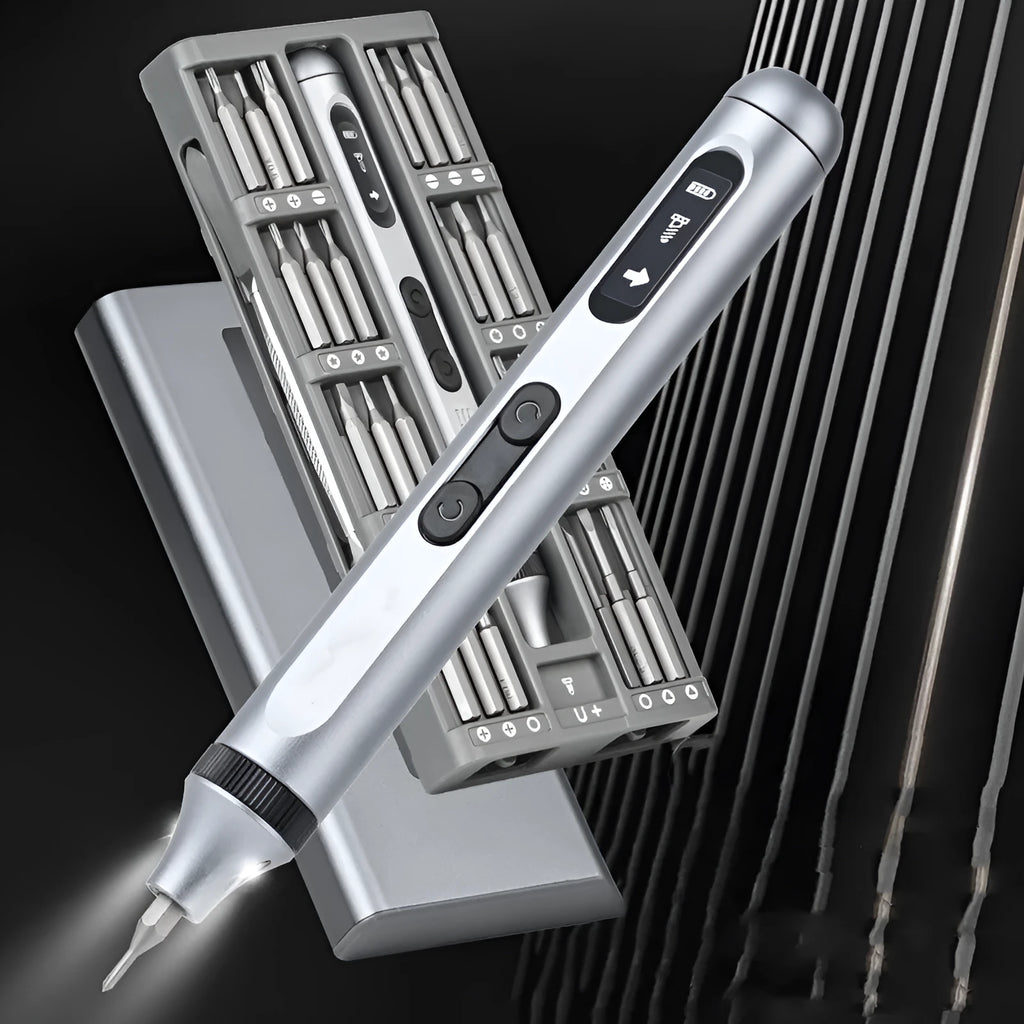 Precision electric screwdriver with aluminium handle showing length and compact design