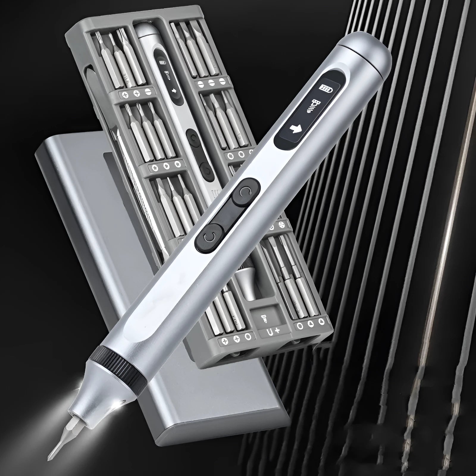 Precision electric screwdriver with aluminium handle showing length and compact design