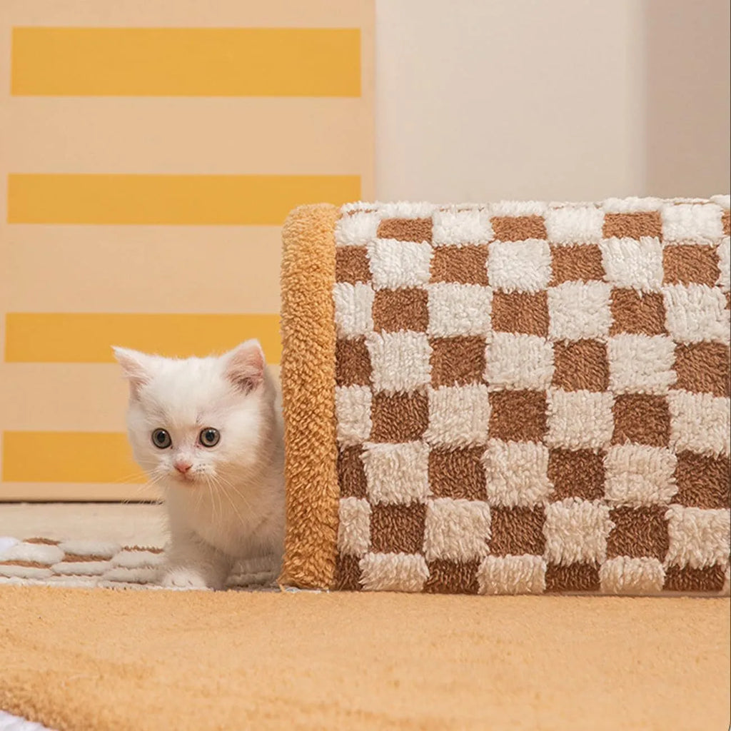 Fan-shaped plush dog cat bed with tunnel and sleeping area in coffee colour