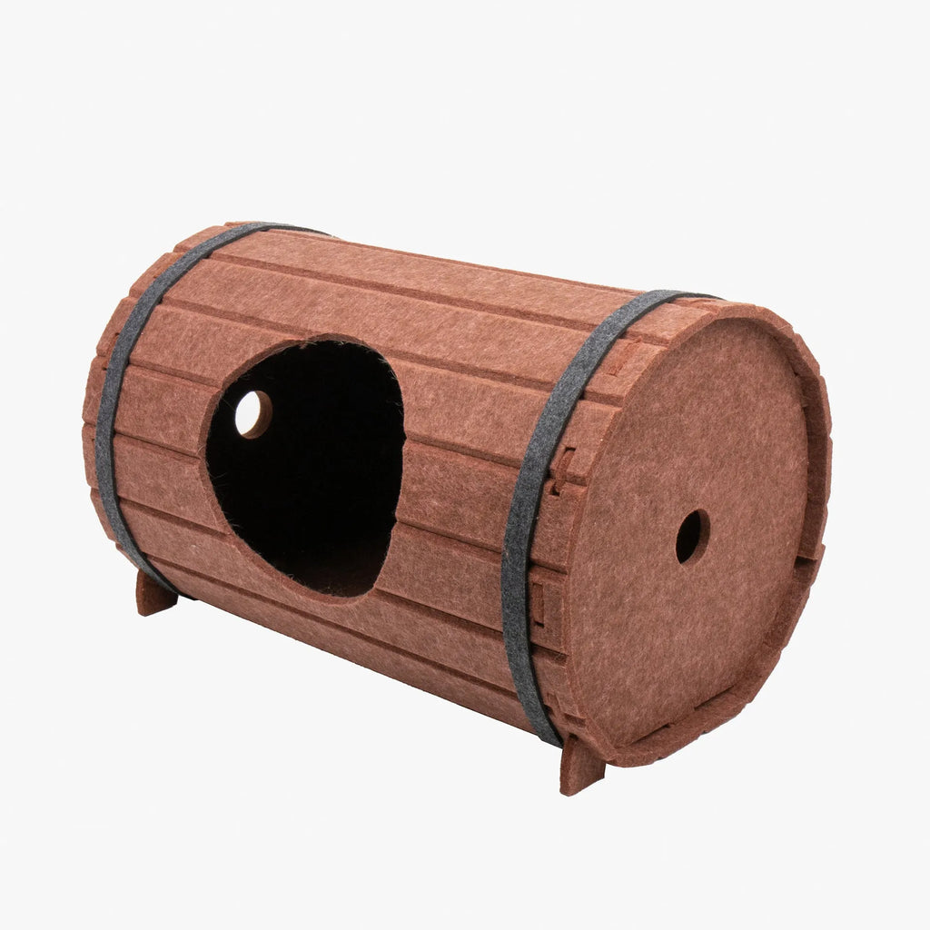 Assembled wine barrel shaped cat bed made from polyester fibre felt board with binding straps