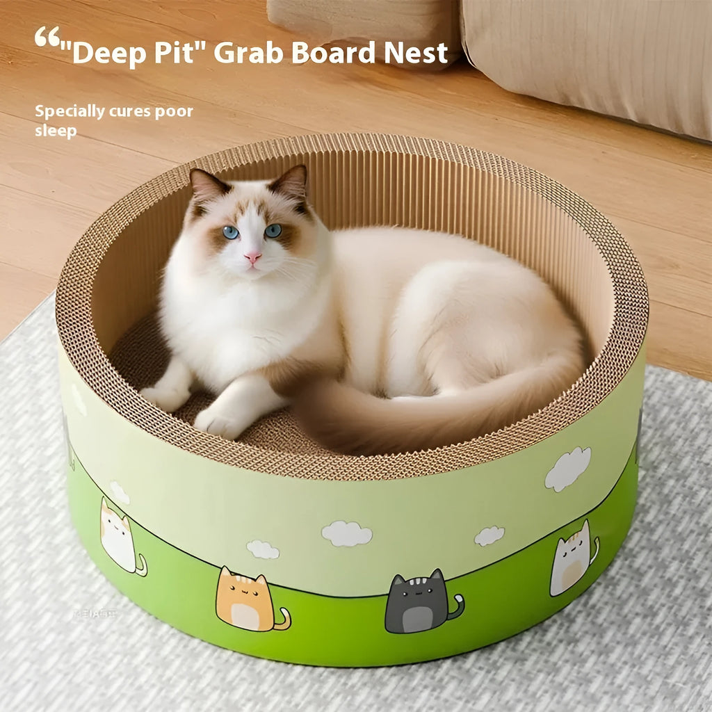 Large round corrugated paper cat scratching board with deep pits in cute style