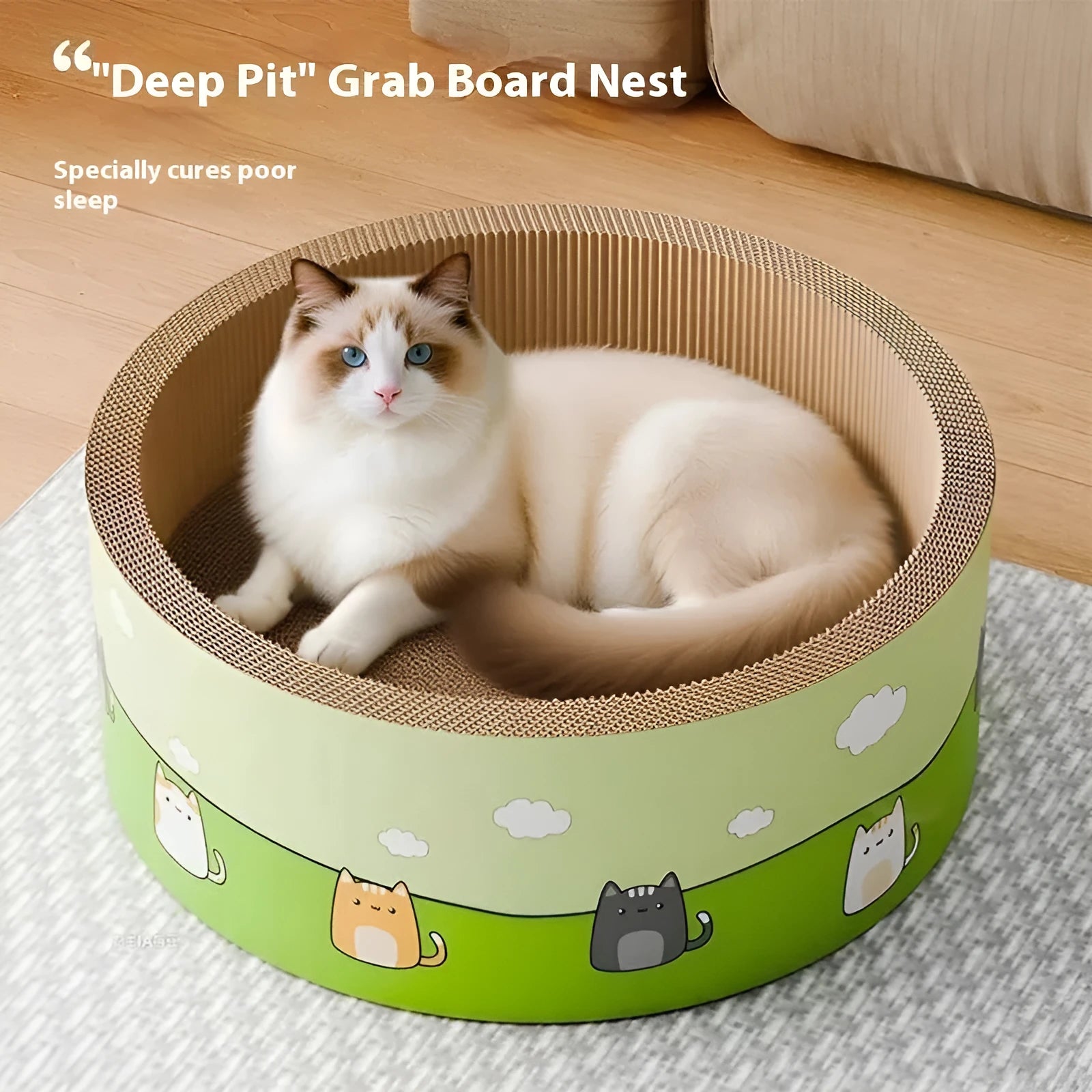 Large round corrugated paper cat scratching board with deep pits in cute style