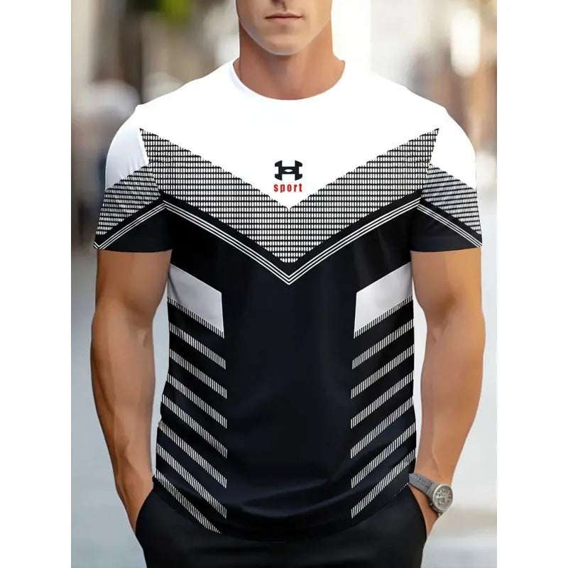 Men's loose fit short-sleeve T-shirt featuring a digital 3D printed stripe pattern in various colours.