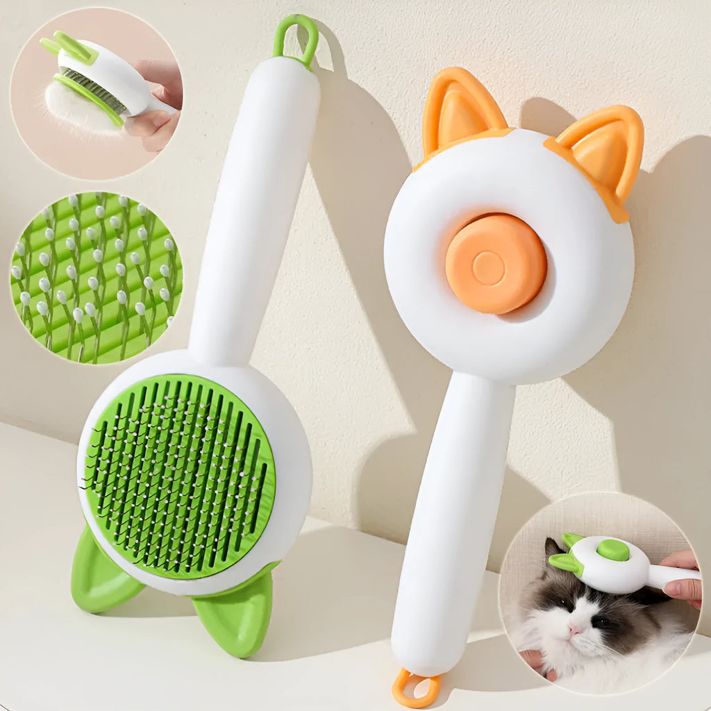 Self-cleaning pet grooming comb with stainless steel pins and massage tips in greenish white colour