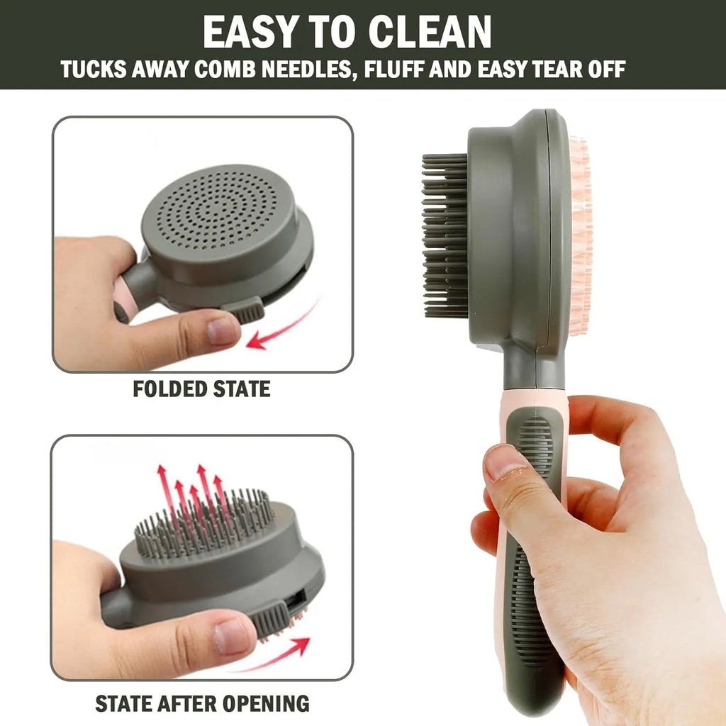 Double-sided cat grooming brush with release button in pink colour
