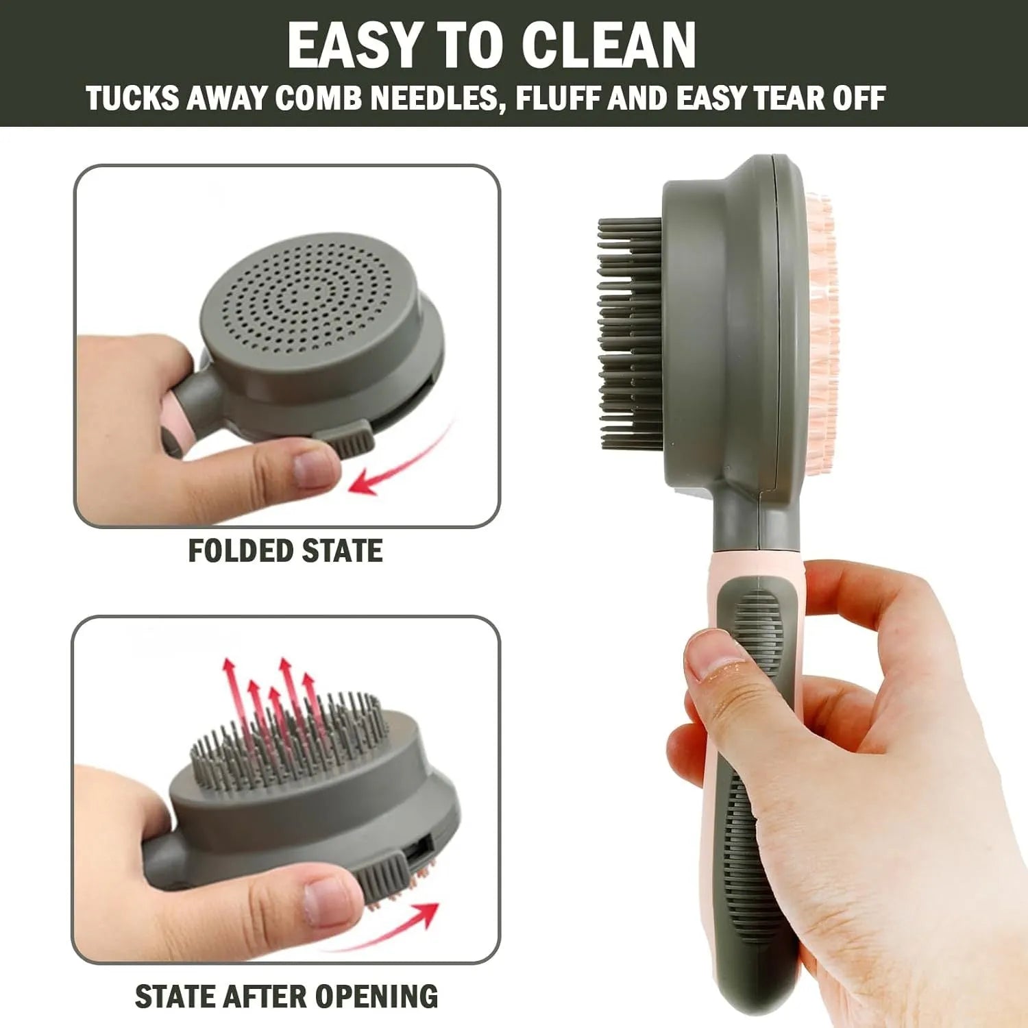 Double-sided cat grooming brush with release button in pink colour