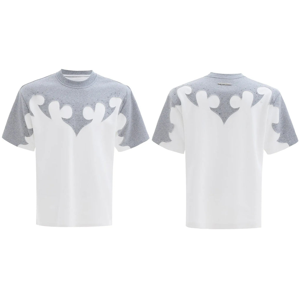 Men's cotton short sleeve shirt with burnt flower pattern featuring three-dimensional stitching embroidery and rhinestone detailing