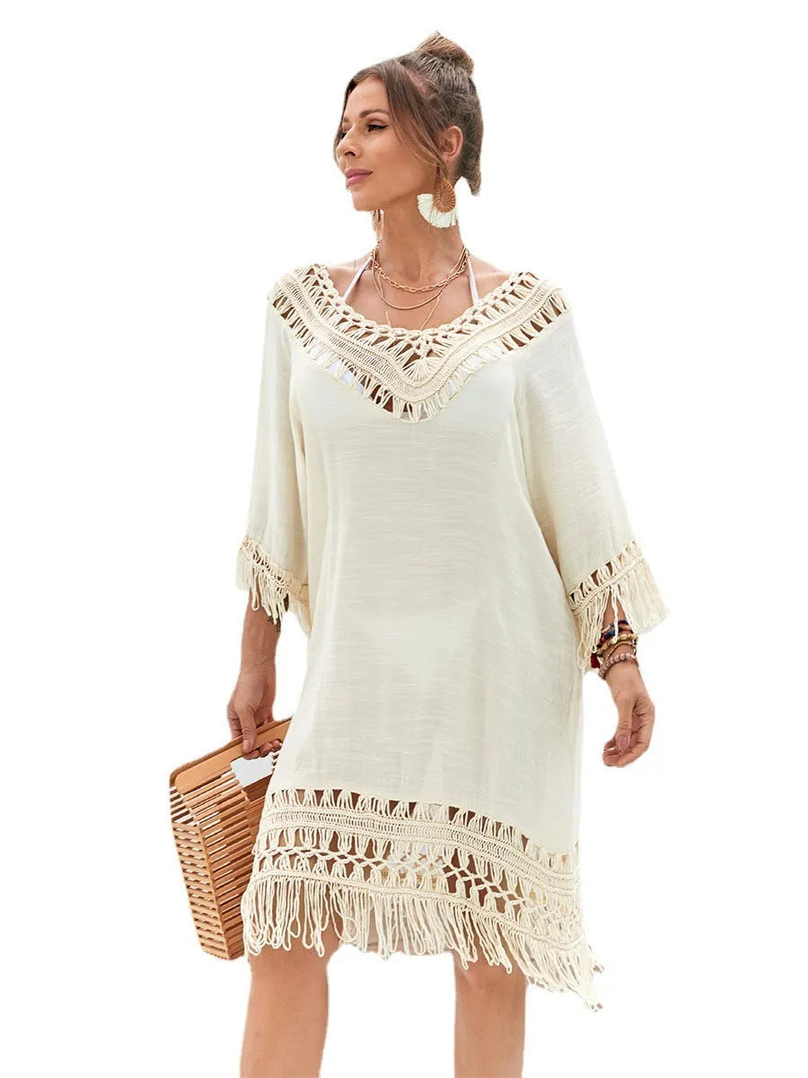 Women's apricot hand-crocheted acrylic beach dress for swimming and wading