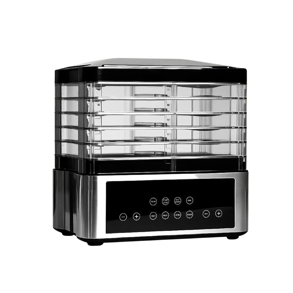 Silver stainless steel fruit dehydrator with 14 litre capacity and temperature control dial