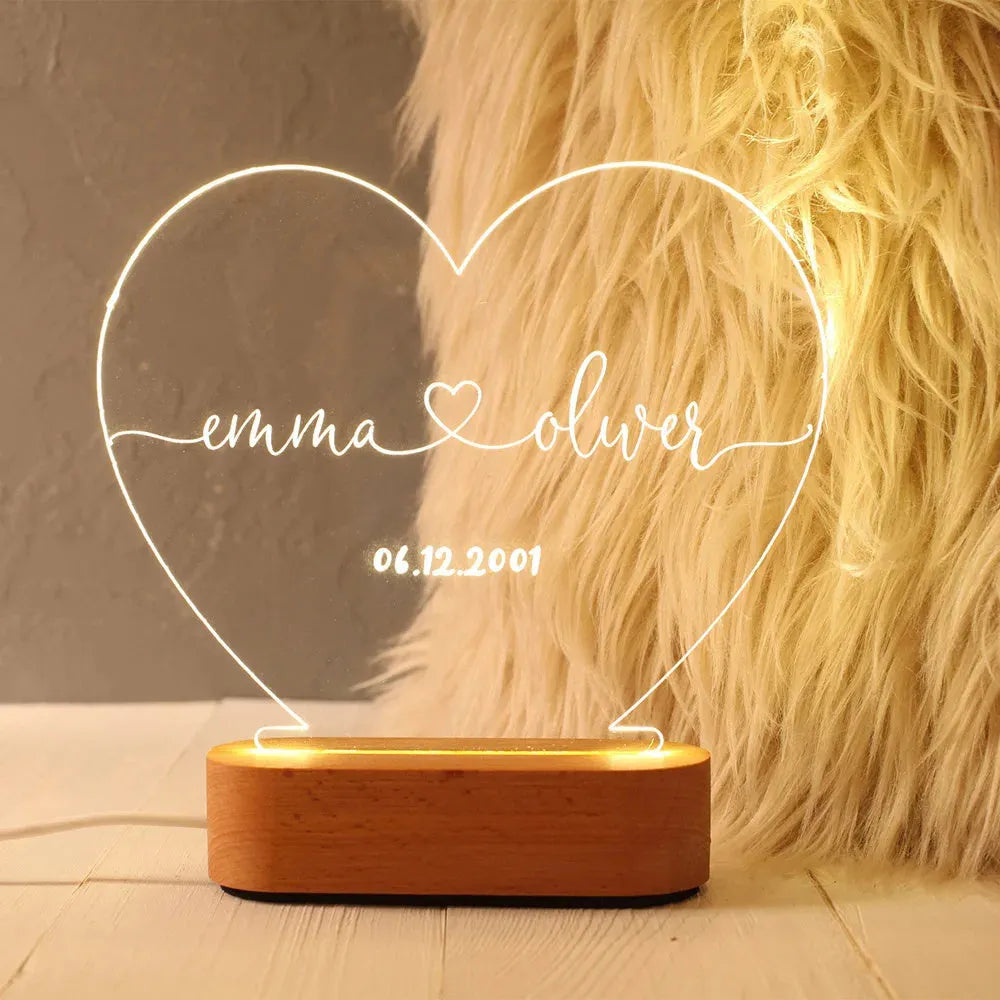 Custom acrylic night light with illuminated names and date for Valentine's gift