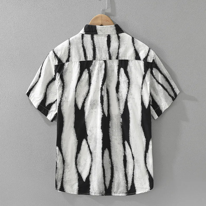 Men's retro striped short sleeve cotton shirt in black or brown with loose fit design