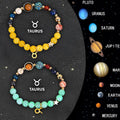 Set of twelve natural stone beaded bracelets, each representing a different zodiac sign.