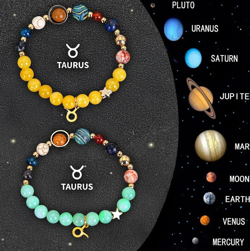 Set of twelve natural stone beaded bracelets, each representing a different zodiac sign.