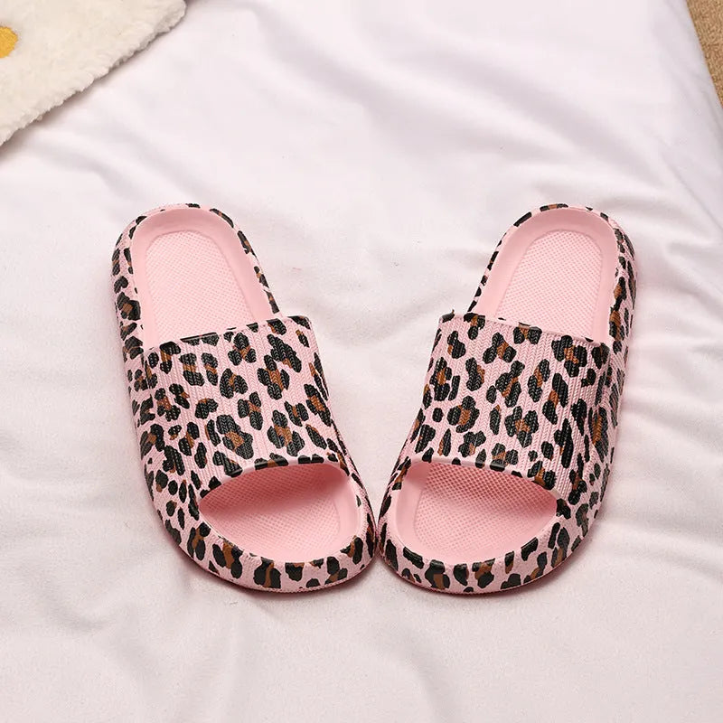 Women's leopard print EVA slippers shown in multiple colours and size options for indoor and outdoor wear.