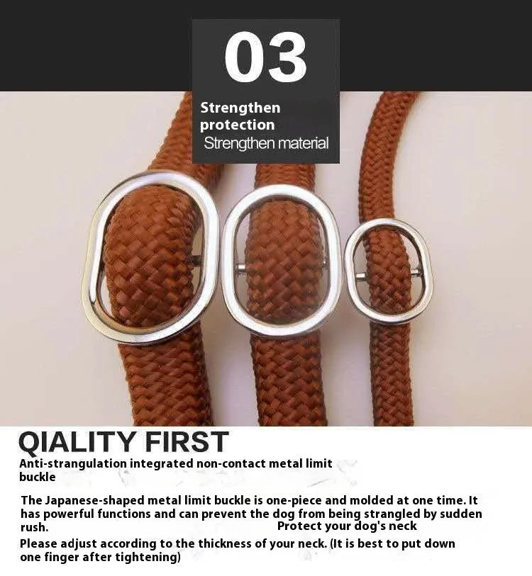 Brown nylon P chain dog leash with hand holding rope measuring 2.1 metres