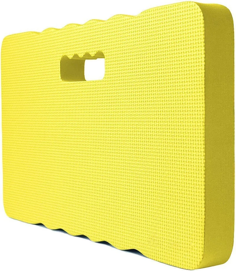 Blue EVA foam garden kneeler and seat cushion on grass, showing its size and thickness.