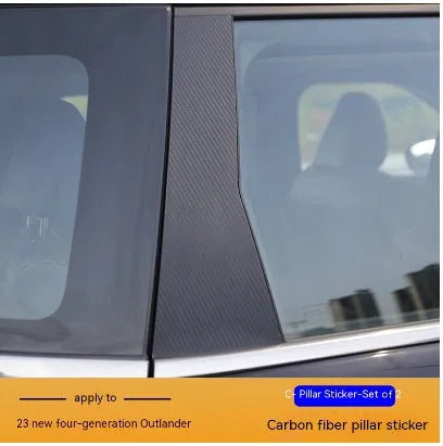 23 New Outlander car window pillar protective vinyl decals in bright black and carbon fibre pattern.