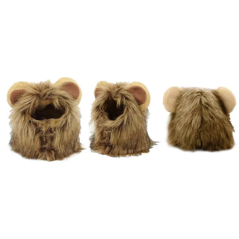 Lion mane wig with plush ears on a cat, showing adjustable elastic band