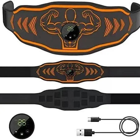 Orange and blue EMS smart massage belt sets with control host, main belt, and arm electrode pads.