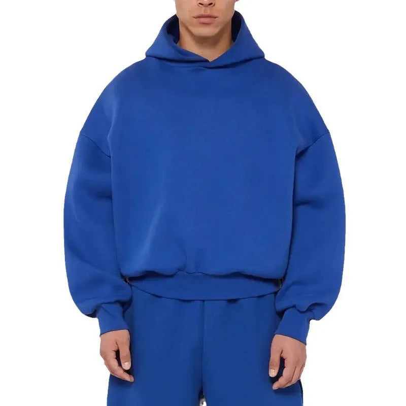 Men's grey fleece-lined cotton hoodie with wool lining, pullover style with long sleeves