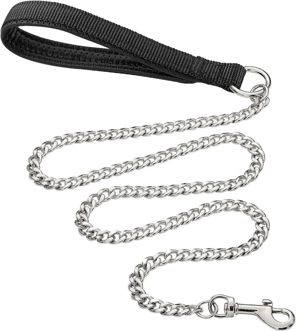 Heavy duty metal dog chain leash with soft black padded handle, shown with large dog