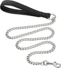 Heavy duty metal dog chain leash with soft black padded handle, shown with large dog