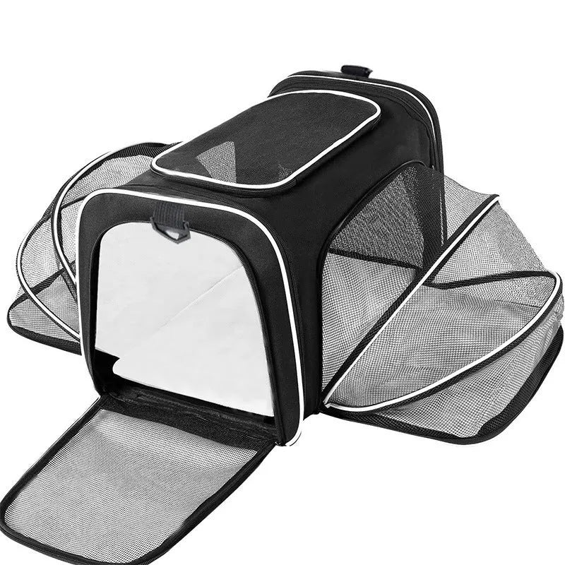 600D cationic cat carrier bag in black with red piping, showing shoulder strap and medium-soft construction