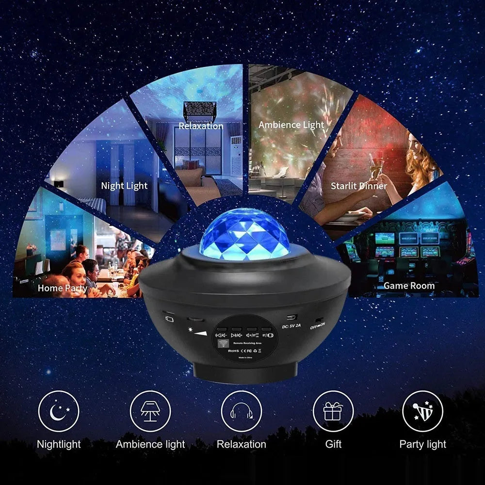Black parallel style starry sky projection lamp with USB cable and remote control on desktop