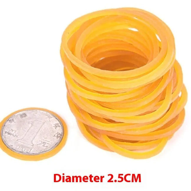 Yellow rubber bands multipack showing assorted sizes from 16mm to 70mm diameter