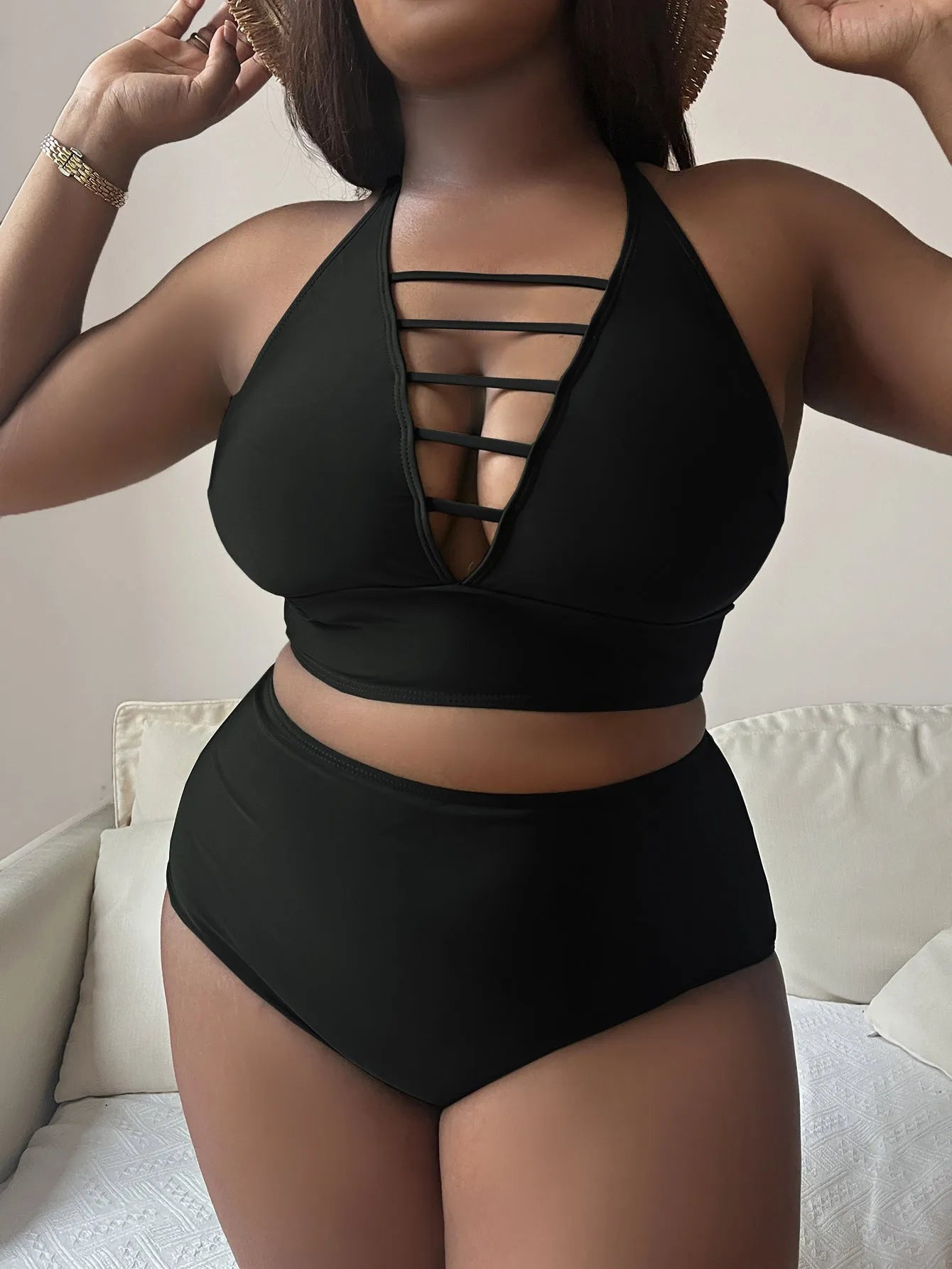 Plus size adjustable halter bikini with cross straps and high waist briefs in solid colour