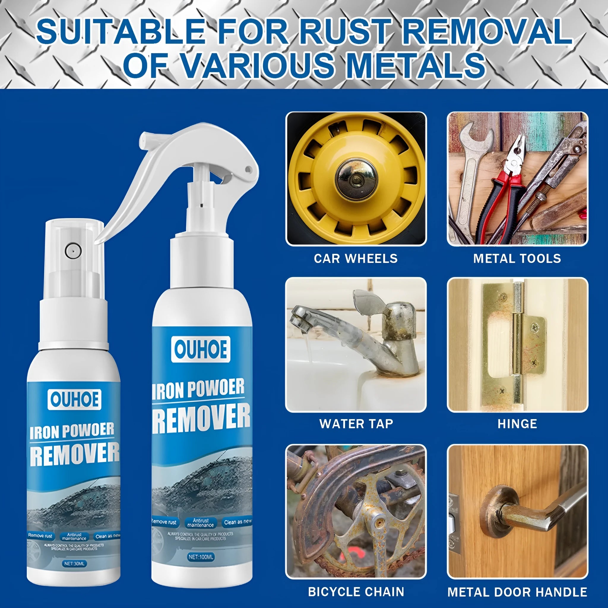 Automotive rust treatment spray bottle with sponge and towel applicator options for car bodywork maintenance
