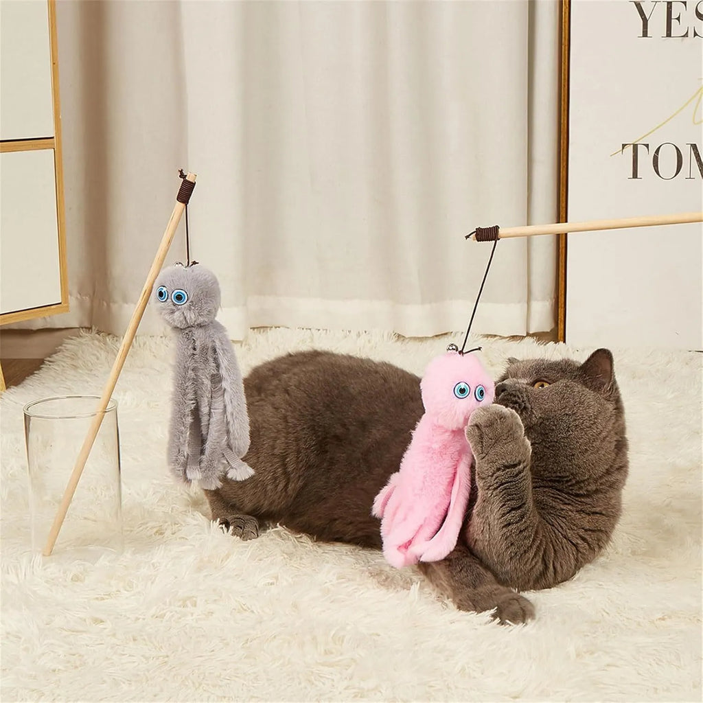 Brightly coloured cat octopus toy with long stick wand for interactive play with indoor cats