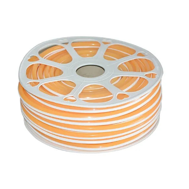 A roll of flexible blue silicone LED neon light bar, showing its 8mm width and coiled 50m length.